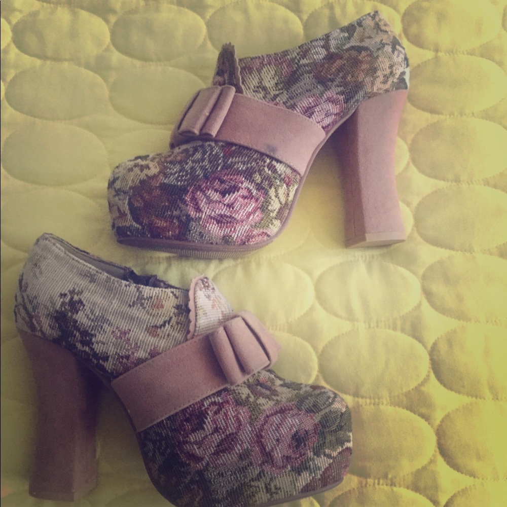 Liz Lisa heeled floral bow booties pumps retro